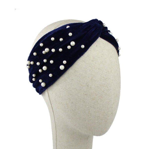 turbante terciopelo perlas azul marino
