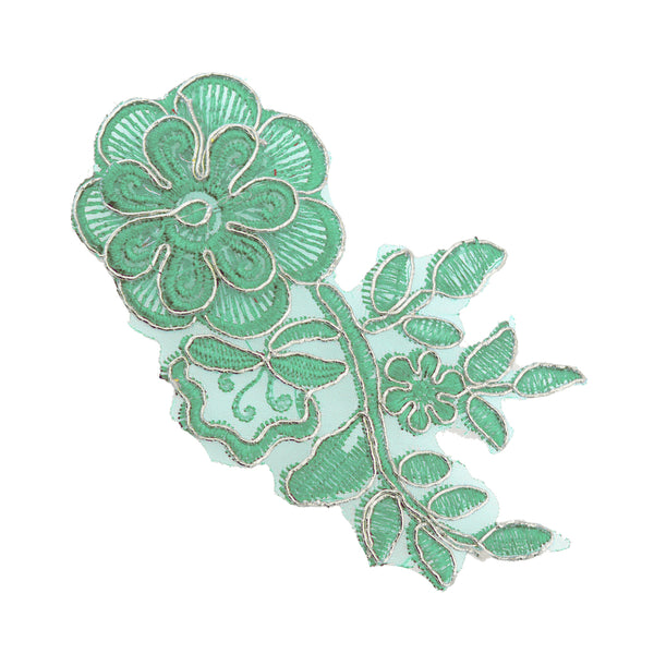Aplicación lamé bordada flor con tallo plata y verde agua