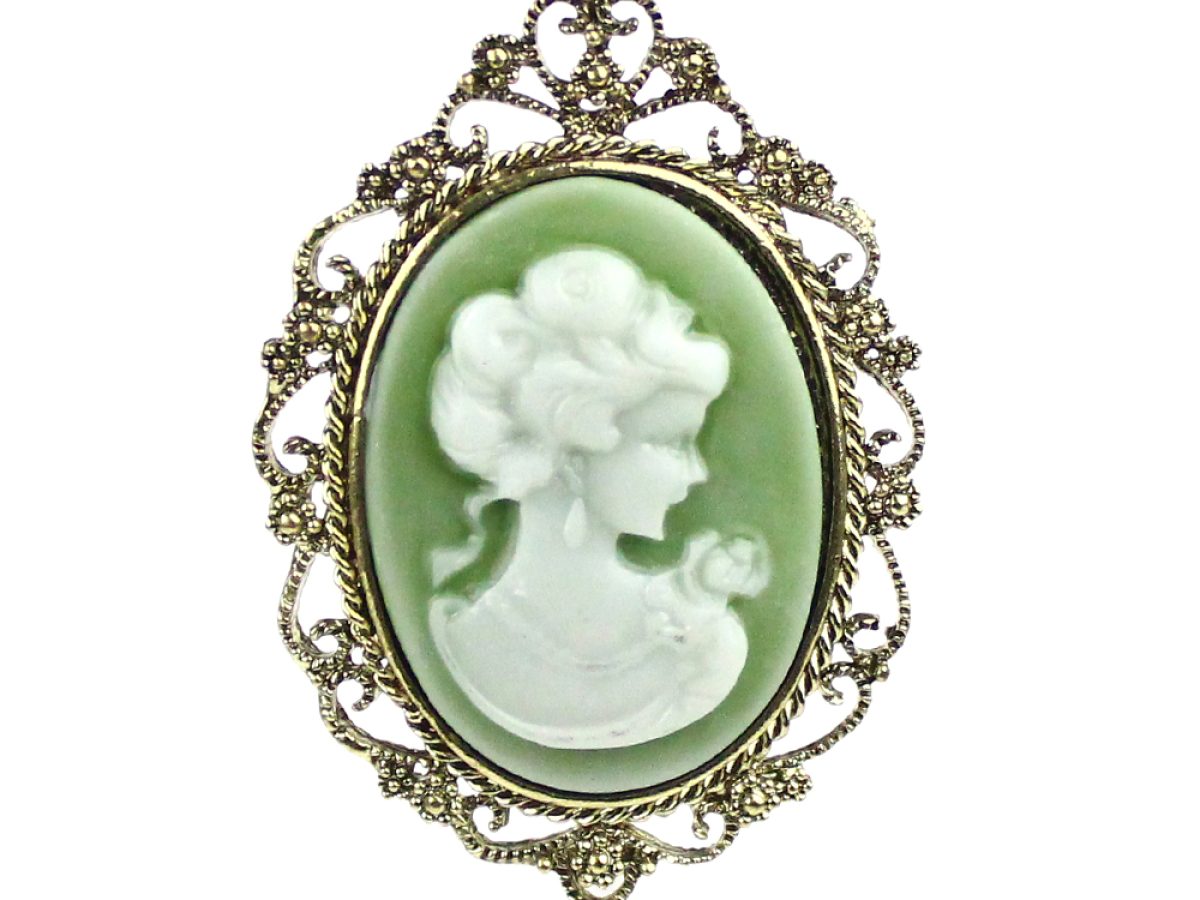 Broche Camée Vintage – Portrait Cabochon – Signé VPC – Laiton